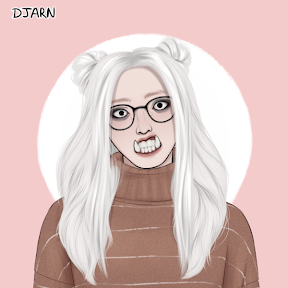 A pale woman wearing a striped beige turtleneck with long white hair and thick-framed dark glasses. She has dark smudges under her eyes from either makeup or sleep deprivation, and monster fangs. Credit to picrew's djarn in the upper right corner